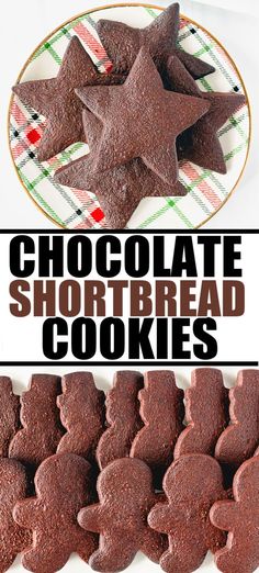 chocolate shortbread cookies on a plate with the words chocolate shortbread cookies above them