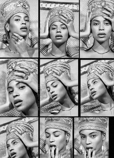 many different pictures of a woman with her hands on her head