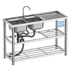 stainless steel double bowl sink with drainer and faucet, undershel