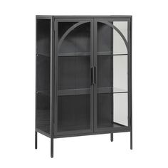 a black and white cabinet with glass doors