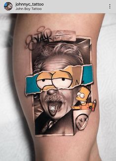 the simpsons character has been added to his thigh for this tattoo art work by john boy tattoo