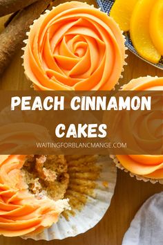 peach cinnamon cupcakes with orange frosting on top and the title overlay reads peach cinnamon cakes