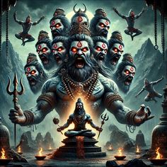 an image of hindu god surrounded by demon like creatures