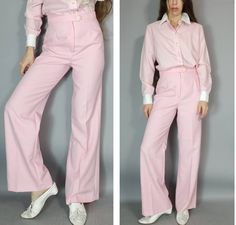 "Super Vintage 70s 80s Blouse and High Waisted Pant Suit Outfit in fun pink  Pink button down top with white collar and cuffs - woven pink wide leg high waisted pant with zip/button closure - great together for a total look or mixed with the wardrobe label Donnkenny top tag size 13/14 100% polyester pant tag size 9/10 85% Dacron poly 15% nylon size/fit top estimated fit s-l pant estimated fit s-m approximate measurements - taken with garment laid flat armpit 21\" across hem 21.5\" length 24.75\" Pant Suit Outfit, Green Mermaid Dress, 80s Blouse, Suit Outfit, Green Mermaid, Brocade Dresses, Polyester Pants, Blouse Pants, Pant Suit