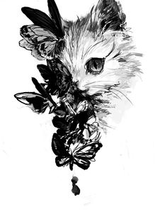 a black and white drawing of a cat with flowers on it's head, looking at the camera