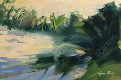 an abstract painting of trees and water