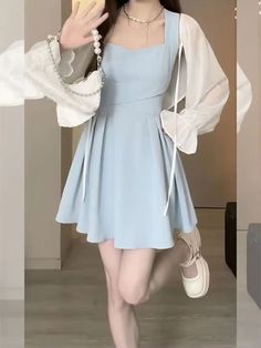 Olivia Mark - Chic Plus-Size Two-Piece Set with Sun Protection Cardigan and Strappy Cami Dress Square Dress Outfit, Modern Princess Outfits, Square Dress, Princess Sleeves, Modern Princess, Plus Size Two Piece, Princess Outfits, Cardigan Outfits, Blue Skirt