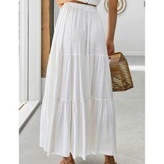 White Cotton Blend Swing Maxi Skirt with Pockets Beach Flared Skirt Solid Color, White Non-stretch Beach Skirt, White Non-stretch Tiered Skirt, Beach Long Skirt Solid Color, Long Solid Color Beach Skirt, Beach Tiered Skirt Bottoms In Solid Color, Non-stretch Maxi Skirt For Day Out, Solid Non-stretch Maxi Skirt For Day Out, Casual White Non-stretch Maxi Skirt