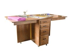 a wooden desk with drawers on it