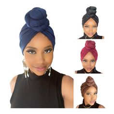 Our Fashionable Women Pre-Tied Turban are custom made from premium fabric, super soft, extremely stretchy, lightweight, breathable, soft-touching, and soft to wear. Suitable for all seasons and occasion. No need to work hard at tying the perfect wrap, all the hard work has been done for you with this gorgeous ready-to-wear head wrap. Simply slip on like a cap and you're ready to go. The perfect gift for all special occasions. Size: 20.6inches. in circumference One size fits most women. Pre-tied Knotted One Size Headwrap In Headband Shape, Knotted One Size Headband Headwrap, One Size Knotted Headwrap Shaped As Headband, One Size Knotted Headwrap Headband, One Size Knotted Headband Style Headwrap, Adjustable Knotted Turban, Knotted Headwrap Headband, Knotted Headwrap One Size Fits Most, Casual Blue Turban, One Size Fits All