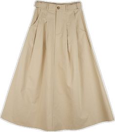 Solid Cotton School Skirt, Full-length Solid Cotton Skirt, Full Length Solid Color Cotton Skirt, Full Length Solid Cotton Skirt, Casual Full-length Beige Skirt, Casual Beige School Skirt, Beige Cotton School Bottoms, Beige Cotton Bottoms For School, Long Flare Skirt