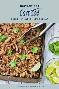 an image of instant pot carnitas with limes and cilantro on the side