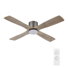 a ceiling fan with three blades and a remote control in front of white wallpaper