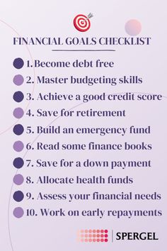 the financial goal checklist is shown on a white background with purple circles around it