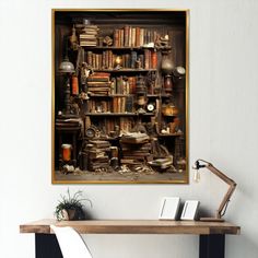 a room with a table, chair and bookshelf on the wall above it