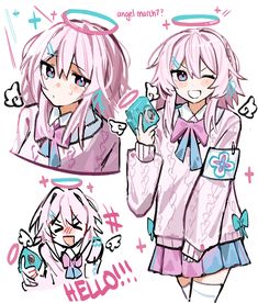 an anime character with pink hair holding a cell phone and pointing to the side, while another