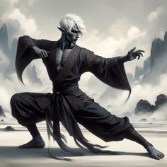 a man with white hair is dancing in front of some mountains and clouds on a cloudy day