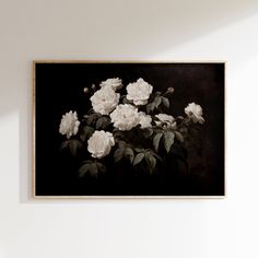 a painting hanging on the wall with white flowers in it's center and dark background