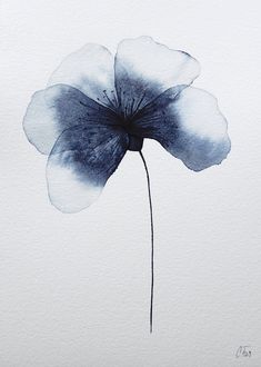 a watercolor painting of a flower on white paper with black and blue inks