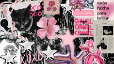 the collage is made up of many different images and words, including pink flowers