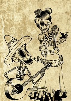 an image of a skeleton playing guitar and singing to another skeleton with a mexican hat