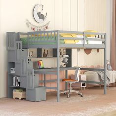 a bunk bed with desk underneath it in a room