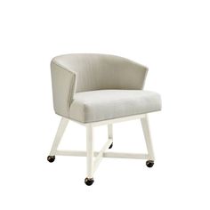 an upholstered chair with wheels in white and grey fabric on a white background