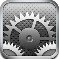 a metal app icon with gears on the front and back side, as well as an arrow