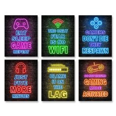 four neon signs that say the game is not free to play, and have different colors