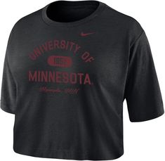 Design Short sleeve, crew neck top Ultra-soft, sueded hand feel Cropped hem for loose, casual fit Style and Team Spirit Team logo at center chest Swoosh™ design trademark Technology Moisture wicking Dri-FIT® technology Additional Details Machine washable Officially licensed collegiate product Nike Crew Neck T-shirt For Fall, Nike Tops For College In Fall, Minnesota Golden Gophers, Crop T Shirt, Crew Neck Top, Casual Fit, Crop Tshirt, Fit Style, Team Spirit