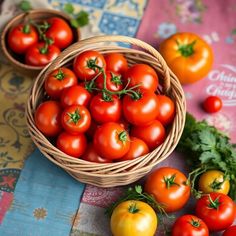 tomatoes and parsley in baskets on a table