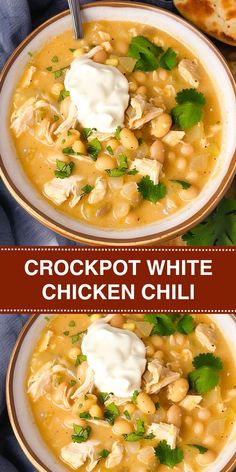 two bowls of crockpot white chicken chili with sour cream