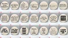 a collage of different types of buttons with words written on them, all in black and white