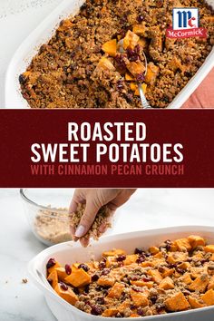 roasted sweet potatoes with cinnamon pecan crumbs in a casserole dish