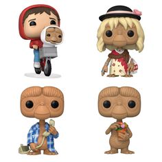 three funky pop vinyl figures are shown in four different poses, one is holding a sandwich and the other is eating