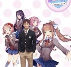 a man standing in front of anime characters