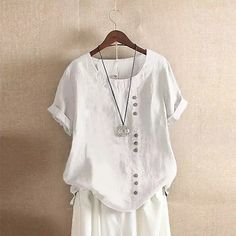 Season:Summer; Fabric:Cotton; Look After Me:Machine wash,Hand wash; Gender:Women's; Thickness:Standard; Style:Basic; Elasticity:Inelastic; Tops Type:Blouse,Shirt; Occasion:Daily; Fit Type:Regular Fit; Pattern:Plain,Solid Color; Design:Buttons; Neckline:Round Neck; Listing Date:08/09/2023; Production mode:External procurement; Bust:; Length:; Shoulder Width:; Sleeve:; Fit US Size:null; Fit UK Size:null; Fit EU Size:null; Print Type:non-printing; Sleeve Length:Short Sleeve Cheap Solid Blouse With Back Button Closure, Spring Blouses, Loose Fit Shirts, Linen Tshirts, Summer Blouses, Short Sleeve Pullover, Linnet, Linen Blouse, Vintage Casual