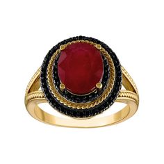 Adorned with an oval-cut ruby stone and accented by halos of black spinel accents, this Tiara ring is simply gorgeous. Adorned with an oval-cut ruby stone and accented by halos of black spinel accents, this Tiara ring is simply gorgeous. Nickel free Metal: sterling silver Packaging: boxed Plating: 14k gold Width: 16 mm Finish: polishedSTONE DETAILS Stone type: ruby Total weight: 3 7/8 ct. Center stone weight: 3 1/2 ct. Center stone size: 10 mm x 8 mm Shape: oval Setting: prong Gemstones may have Elegant Black Ruby Ring, Black Round Ruby Ring, Black Ruby Anniversary Ring, Round Black Ruby Ring, Formal Black Rings With Ruby, Black Ruby Ring For Anniversary, Black Oval Gemstone Accent Jewelry, Black Oval Jewelry With Gemstone Accents, Oval Ruby Ring With Diamond Accents