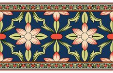 a blue and red rug with flowers on it