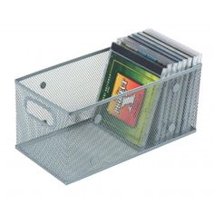 a metal bin holding cd's and cds