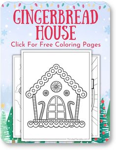 the gingerbread house coloring page is in front of a christmas tree and snowflakes