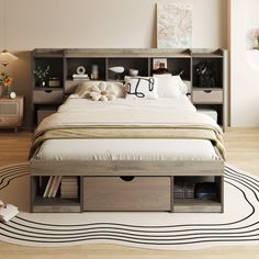 a bed sitting on top of a wooden floor next to a white and black rug