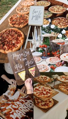 several different types of pizzas on display at an outdoor event, including one being for sale