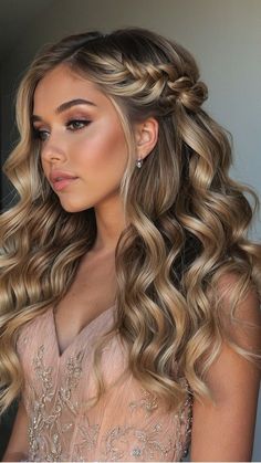 Curled Hair Ideas Prom, Hair Styles For Evening Dress, Hairstyles With A Braid And Curls, Half Up Braided Wedding Hairstyles, Hair Inspo Bridesmaid, Medium Length Gala Hair Styles, Wedding Hairstyle For Natural Curly Hair Half Up Half Down, Fall Photo Hairstyles, Hair Colors 2024 Summer