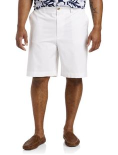 An updated version of our best-selling chino shorts, now available in your choice of two inseam lengths. Crafted in soft cotton twill, these loose-fit shorts feature a touch of spandex for ease and range of motion. The waist-relaxer waistband stretches up to four inches to provide a proper fit. Side and back pockets help secure your valuables so you can relax in easy-to-wear style. Plus, they're a style you'll only find here at DXL in proper proportions and a flattering fit for Big and Tall guys Classic White Cotton Bermuda Shorts, Classic Relaxed Fit Bermuda Shorts In Solid Color, White Relaxed Fit Cotton Bermuda Shorts, Casual Big And Tall Short Bottoms, White Bermuda Cotton Bottoms, Cotton Bermuda Shorts With Short Inseam, Casual Cotton Bottoms For Big And Tall, Big And Tall Summer Shorts With Pockets, Big And Tall Summer Shorts