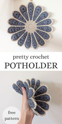 the crochet potholder pattern is shown in two different colors and has a flower shaped