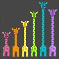 four giraffes are standing in a row with their heads turned to different colors