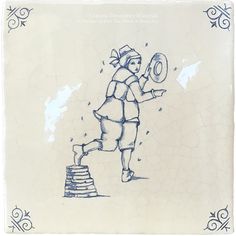 a blue and white drawing of a woman holding a frisbee in her hand