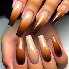 Fall Inspired Nails Square, Pedicure Ideas Brown Skin, Nail Designs Brown Color, Chocolate Brown Fall Nails, Gel Ombré Nails, Fall Nails And Toe Nails, Ombre Fall Nail Colors, Brown And Orange Ombre Nails, Shades Of Brown Nail Designs