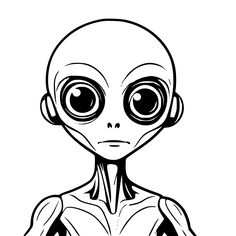 an alien with big eyes is shown in this black and white drawing, it looks like he